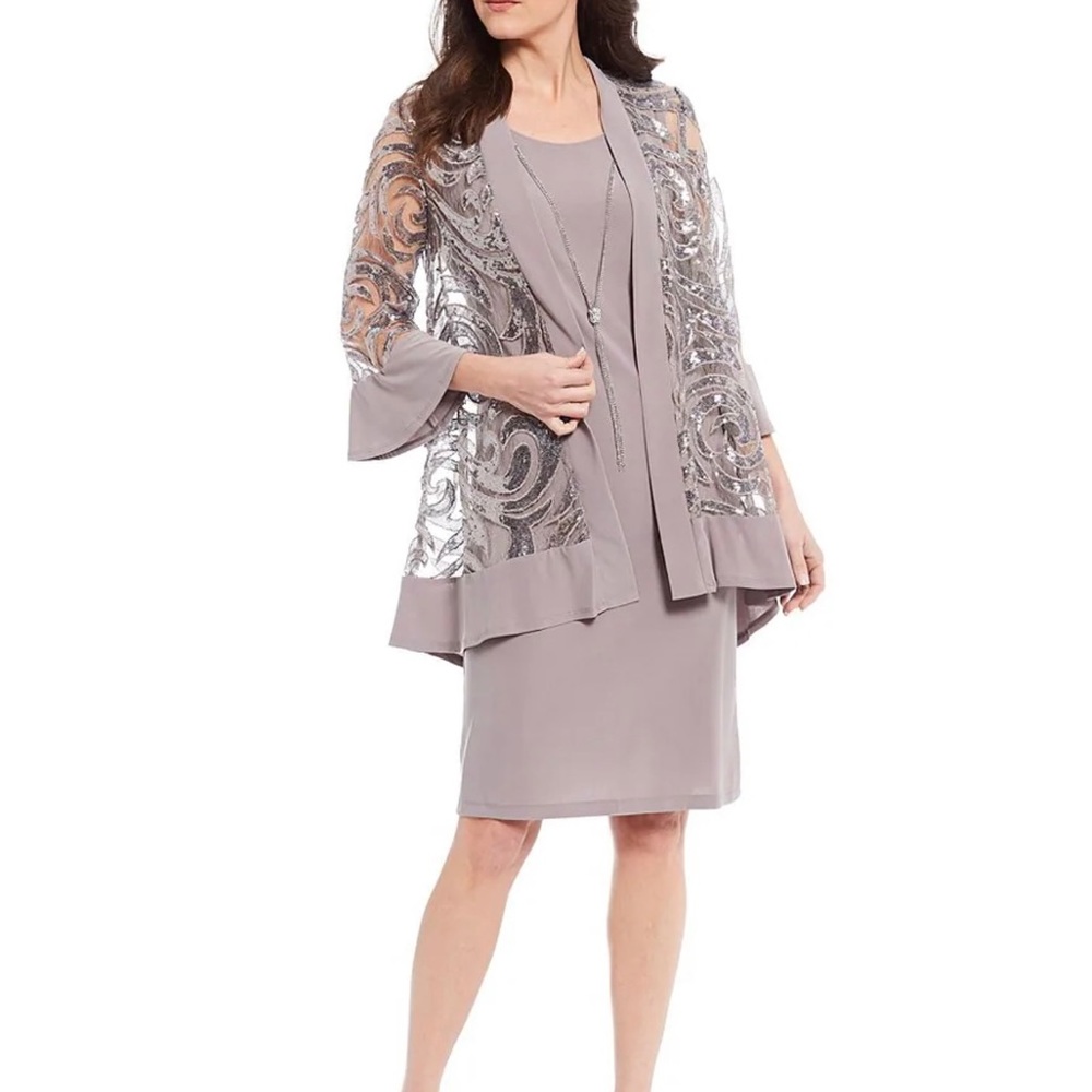 NWT Scoop Neck 3/4 Sleeve Embellished Sequin 2-Piece Jacket Dress R & M Richards